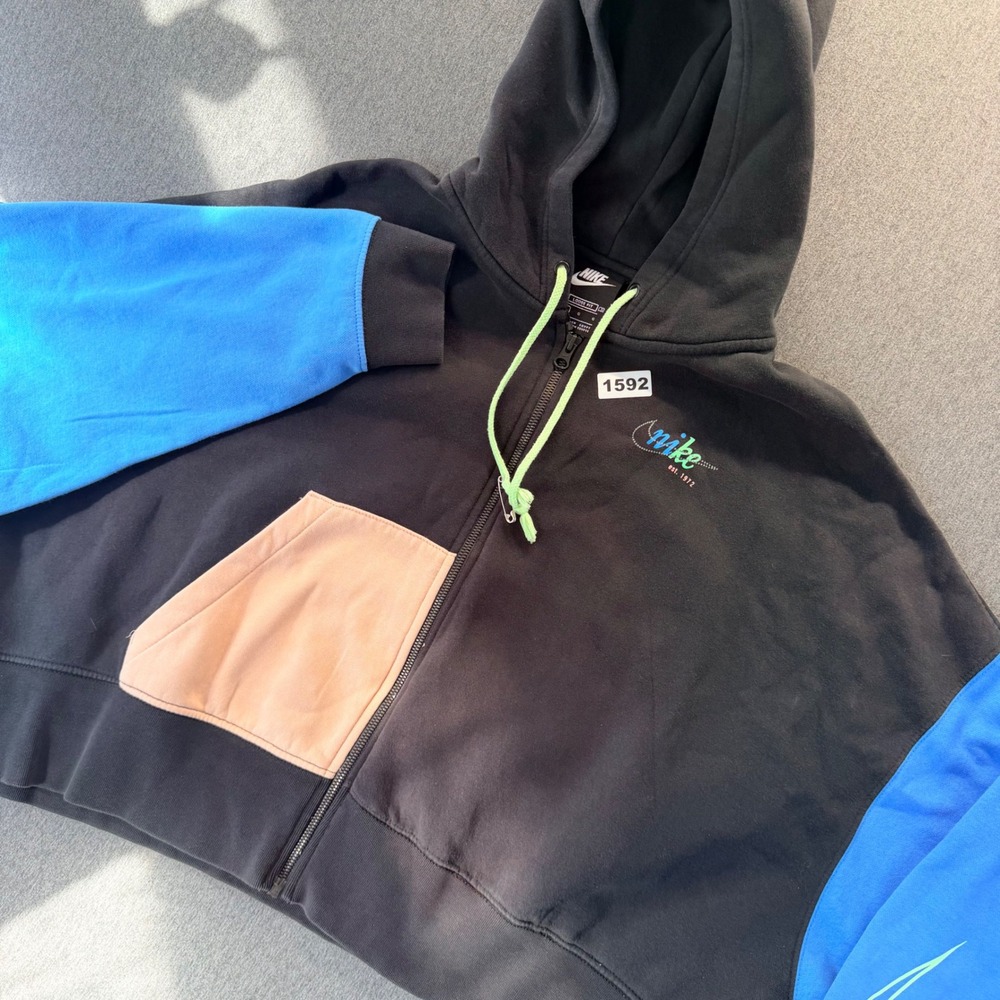 Nike Loose Fit Colorblock Full Zip Cropped Hoodie Black Blue Tan Women L
